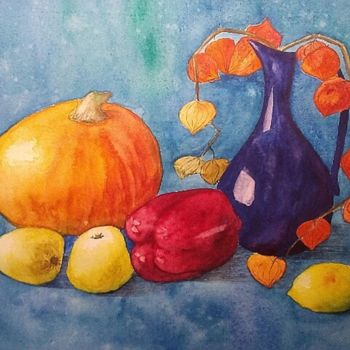 Painting titled "Still-life with pum…" by Irina Shu, Original Artwork, Watercolor