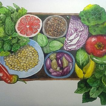 Malerei mit dem Titel "Food busket" von Irina Shu, Original-Kunstwerk, Aquarell