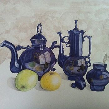 Painting titled "Tea, Coffee, Apples" by Irina Shu, Original Artwork, Watercolor
