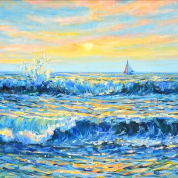 Painting titled "Sea. Sunset. Yacht" by Irina Sidorovich, Original Artwork, Oil Mounted on Wood Stretcher frame