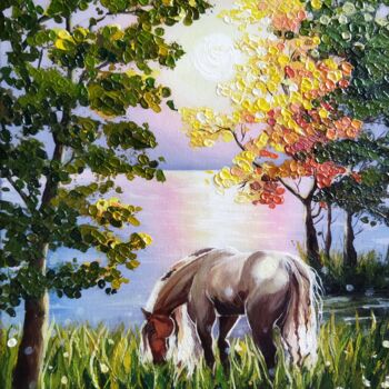 Картина под названием "horse on the lake" - Ирина Вишневецкая, Подлинное произведение искусства, Акрил Установлен на Деревян…