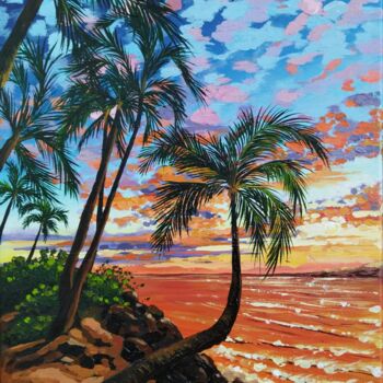 Pintura intitulada "Tropical sunset" por Irina Vishnevetskaia, Obras de arte originais, Acrílico Montado em Armação em madei…