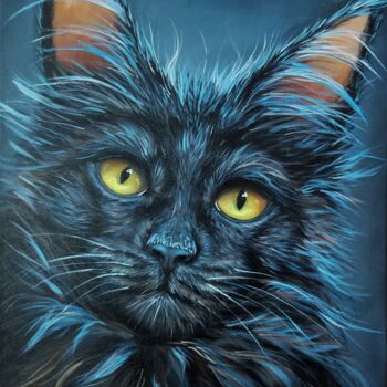 Painting titled "Black cat" by Irina Vishnevetskaia, Original Artwork, Acrylic Mounted on Wood Stretcher frame