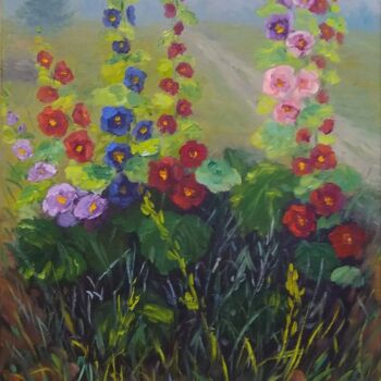 Картина под названием "Mallow flowers" - Irina Zakharova, Подлинное произведение искусства, Масло Установлен на Деревянная р…