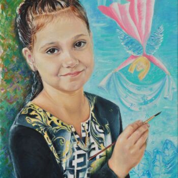 Painting titled ""Little Artist AGNI…" by Irina Zarubina, Original Artwork, Oil Mounted on Cardboard