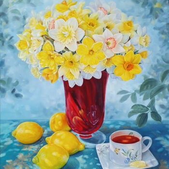 Painting titled "Daffodils and Lemons" by Hvalina Irina, Original Artwork, Oil Mounted on Wood Stretcher frame