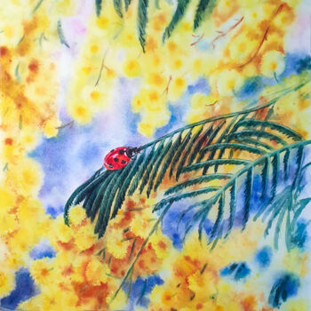 Painting titled "Mimosa" by Hvalina Irina, Original Artwork, Watercolor Mounted on Wood Stretcher frame