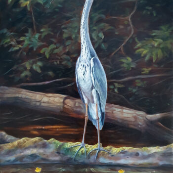 Painting titled "Heron on a fishing…" by Hvalina Irina, Original Artwork, Oil