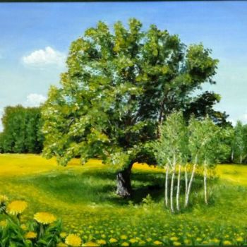 Painting titled "Дуб. Одуванчики цве…" by Irina Kriuchkova, Original Artwork, Oil