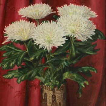Картина под названием "Белые хризантемы" - Ирина Крючкова, Подлинное произведение искусства, Масло