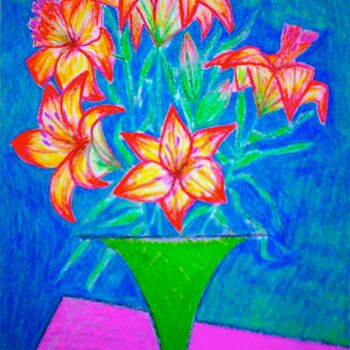 Painting titled "Orange Lilies in Gr…" by Irina Rabeja, Original Artwork, Pastel