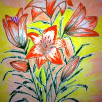 Peinture intitulée "Orange Lilies on Ye…" par Irina Rabeja, Œuvre d'art originale, Pastel