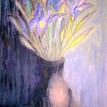 Schilderij getiteld "Irises in Vase" door Irina Rabeja, Origineel Kunstwerk, Olie