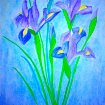 Painting titled "Irises on Blue" by Irina Rabeja, Original Artwork, Acrylic