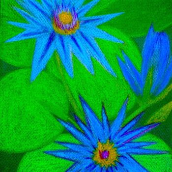 Painting titled "Blue Waterlilies" by Irina Rabeja, Original Artwork, Pastel