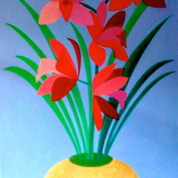 Painting titled "Red Orchid in Pot" by Irina Rabeja, Original Artwork, Oil Mounted on Wood Stretcher frame