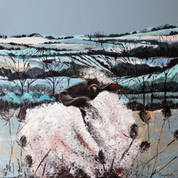 Painting titled "Sheep In The Countr…" by Irina Rumyantseva, Original Artwork, Acrylic Mounted on Wood Stretcher frame