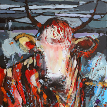 Painting titled "Cow C02N04" by Irina Rumyantseva, Original Artwork, Acrylic Mounted on Wood Stretcher frame