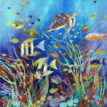 Painting titled "Tropical Fish 3" by Irina Rumyantseva, Original Artwork, Acrylic Mounted on Wood Stretcher frame
