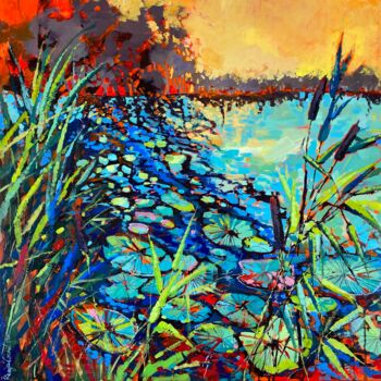 Painting titled "Sunset Lake" by Irina Rumyantseva, Original Artwork, Acrylic Mounted on Wood Stretcher frame