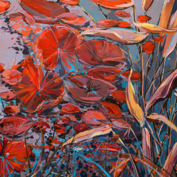 Painting titled "Red Water Lilies 3" by Irina Rumyantseva, Original Artwork, Acrylic
