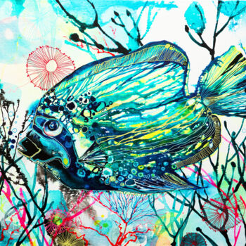 Painting titled "Tropical Fish C02N01" by Irina Rumyantseva, Original Artwork, Acrylic Mounted on Wood Stretcher frame