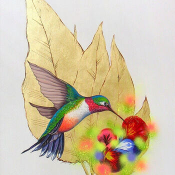 Painting titled "Hummingbird" by Irini Karpikioti, Original Artwork, Acrylic Mounted on Wood Stretcher frame