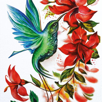 Ζωγραφική με τίτλο "Hummingbird Bird Fl…" από Irinjoyart, Αυθεντικά έργα τέχνης, Ακουαρέλα