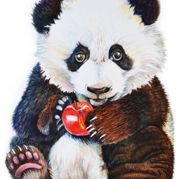 Картина под названием "Panda bear apple an…" - Irinjoyart, Подлинное произведение искусства, Акварель