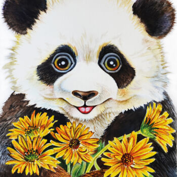 Schilderij getiteld "Giant Cute Panda Be…" door Irinjoyart, Origineel Kunstwerk, Aquarel
