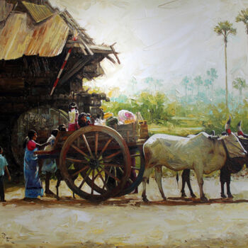 Painting titled "bullock cart" by Iruvan Karunakaran, Original Artwork, Acrylic