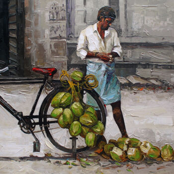 Schilderij getiteld "coconut-seller" door Iruvan Karunakaran, Origineel Kunstwerk, Acryl