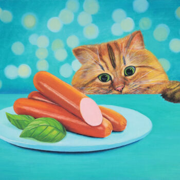 Painting titled "Cat and sausages" by Iryna Bohdanova, Original Artwork, Oil