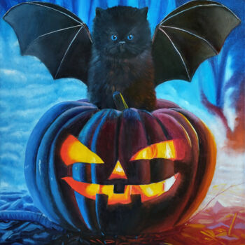 Pintura titulada "Kitten and Halloween" por Iryna Bohdanova, Obra de arte original, Oleo