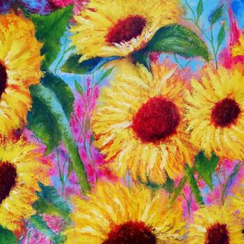 Schilderij getiteld "Sunflowers" door Iryna Fedarava, Origineel Kunstwerk, Olie Gemonteerd op Frame voor houten brancard