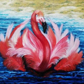 Painting titled "Flamingo At Dawn" by Iryna Fedarava, Original Artwork, Oil Mounted on Wood Stretcher frame