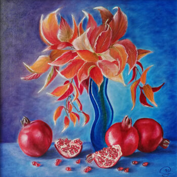 Painting titled "Sweet Pomegranates" by Iryna Fedarava, Original Artwork, Oil Mounted on Wood Stretcher frame