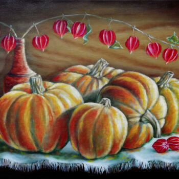 「Sweet Pumpkins」というタイトルの絵画 Iryna Fedaravaによって, オリジナルのアートワーク, オイル ウッドストレッチャーフレームにマウント