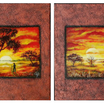 Painting titled "Kenyan Sunset" by Iryna Fedarava, Original Artwork, Oil Mounted on Wood Stretcher frame