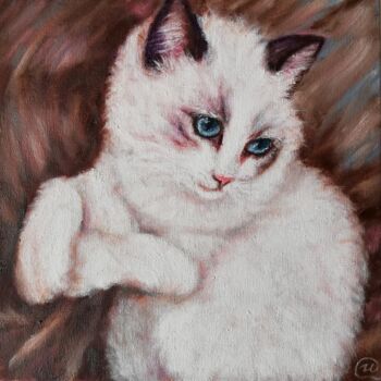 Malerei mit dem Titel "White Cat #1" von Iryna Fedarava, Original-Kunstwerk, Öl Auf Karton montiert
