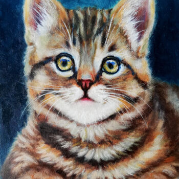 Painting titled "Striped Kitten" by Iryna Fedarava, Original Artwork, Oil Mounted on Cardboard