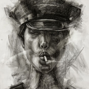 Disegno intitolato "Girl with a cigaret…" da Iryna Kopyrina, Opera d'arte originale, Carbone