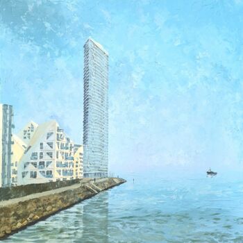 Pittura intitolato "City and sea. Aarhus" da Iryna Makhovska, Opera d'arte originale, Acrilico Montato su Telaio per barella…