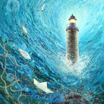 Painting titled "Lighthouse" by Iryna Makhovska, Original Artwork, Acrylic Mounted on Wood Stretcher frame