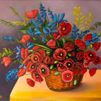 Painting titled "Poppies in a basket" by Iryna Mykhailenko, Original Artwork, Oil