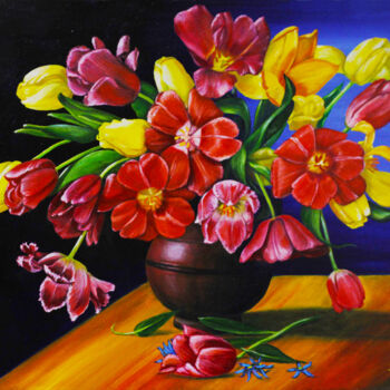 Painting titled "Tulips" by Iryna Mykhailenko, Original Artwork, Oil Mounted on Wood Stretcher frame