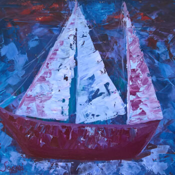 Malarstwo zatytułowany „Sailboat oil painti…” autorstwa Iryna Sapsai, Oryginalna praca, Olej