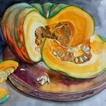 Painting titled "Pumpkin Citrouille…" by Iryna Tsai, Original Artwork, Watercolor