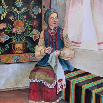 Painting titled "Ukrainian girl in a…" by Iryna Tsai, Original Artwork, Watercolor