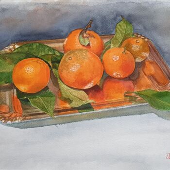 Schilderij getiteld "Tangerines on a tray" door Iryna Tsai, Origineel Kunstwerk, Aquarel